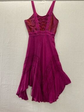 Boho Magenta embroidered handkerchief hem / midi dress/ lace up bodice, /A+